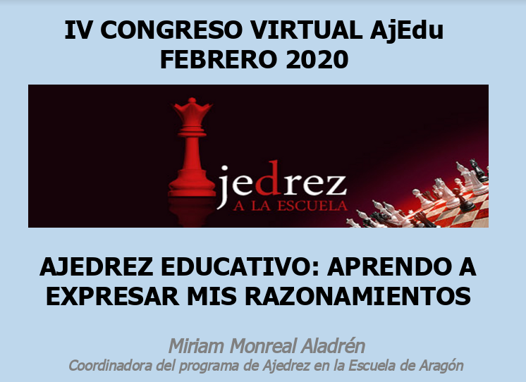 Desde Zaragoza nos llega esta interesante ponencia bit.ly/2DYxRUE de la mano de <a href="/MiriamMAjedrez/">Miriam Monreal</a> para el IV CONGRESO VIRTUAL #ajEdu. Aprendemos a expresar los razonamientos mediante el ajedrez.
<a href="/peremarques/">Pere Marques</a> <a href="/leontxogarcia/">Leontxo García</a> @josc0000 <a href="/ArqCera/">ArqCedillo</a> <a href="/RaquelManzaner3/">Raquel Manzanero</a> <a href="/IvanSire11/">Iván Martínez</a>