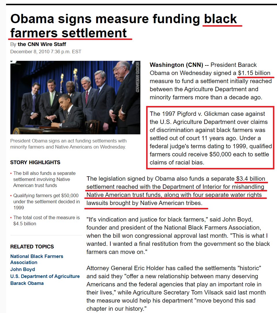 Regarding farming, in 2010, Obama signed a $1.5B settlement for a discrimination claim between Black farmers & the Department of Agriculture. That claim also included a $3.4B settlement for Native Americans (). The $1.5B (50K/claimant) was a slap-in-the-face. 10/n