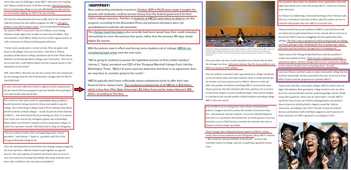 In 2009, Obama did not renew the $85M earmarked for HBCUs by his predecessor Bush (you read that correctly). It was another year before it was renewed. And an estimated 28K HBCU students lost their Parent Plus loans due to stricter loan requirements. Obama even wrote... 14/n