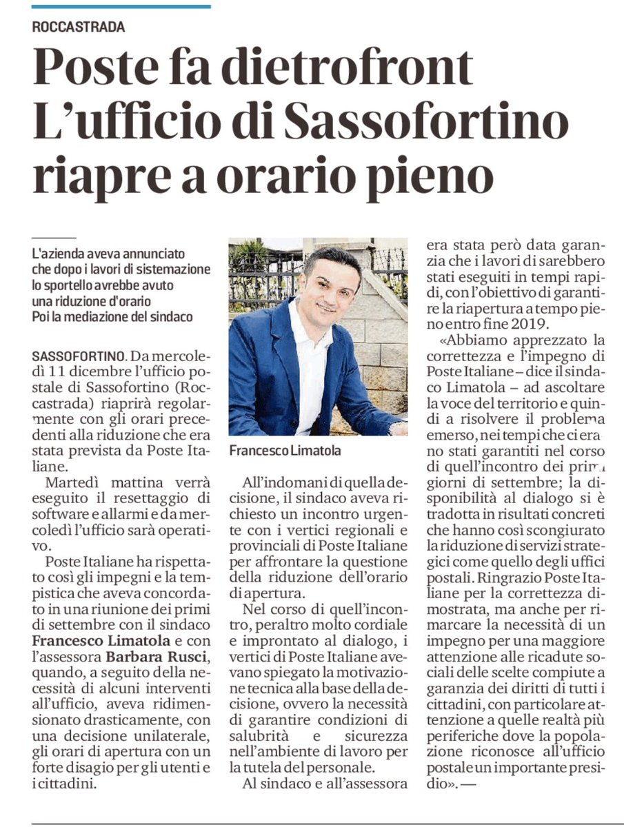 Da “Il Tirreno” di oggi: Da mercoledi prossimo l’ufficio postale di #Sassofortino riapre regolarmente. Ringrazio Poste Italiane che ha rispettato gli impegni assunti a seguito dell’incontro che abbiamo avuto a settembre.  #avantinsieme #comunevicino #roccastrada