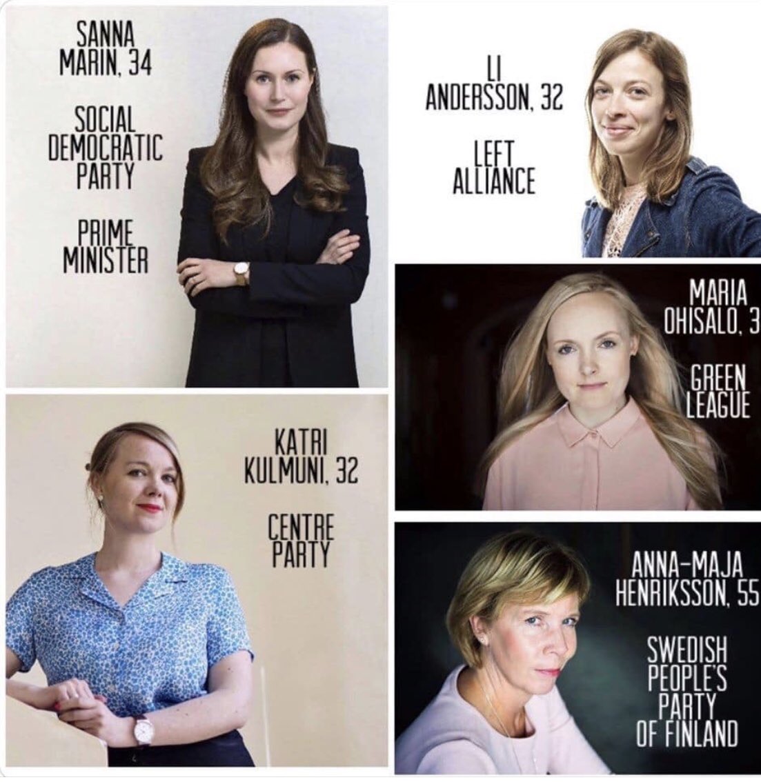 TeivoTeivainen's tweet photo. Government of Finland has five parties. These are their leaders. #womeninpolitics #leftgreen #feminism https://t.co/2wmfitRrpe