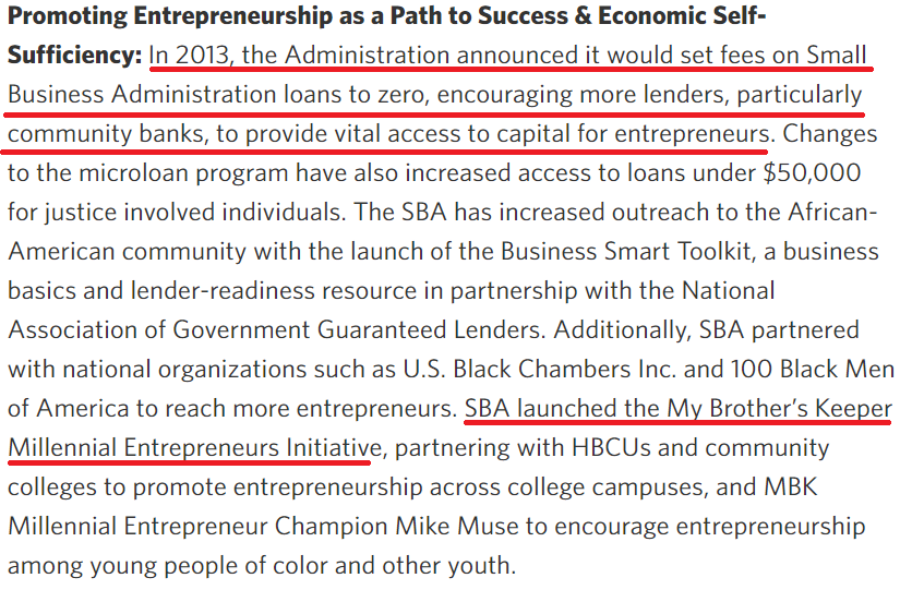 SBA loans fell from 8.2% (Bush) to 1.7% (Obama) partly because banks wanted to make larger loans and Black business typically take out loans at $150K or less whereas banks wanted to loan out at approx $500K. My brother's keeper was an unfunded charity. 19/n