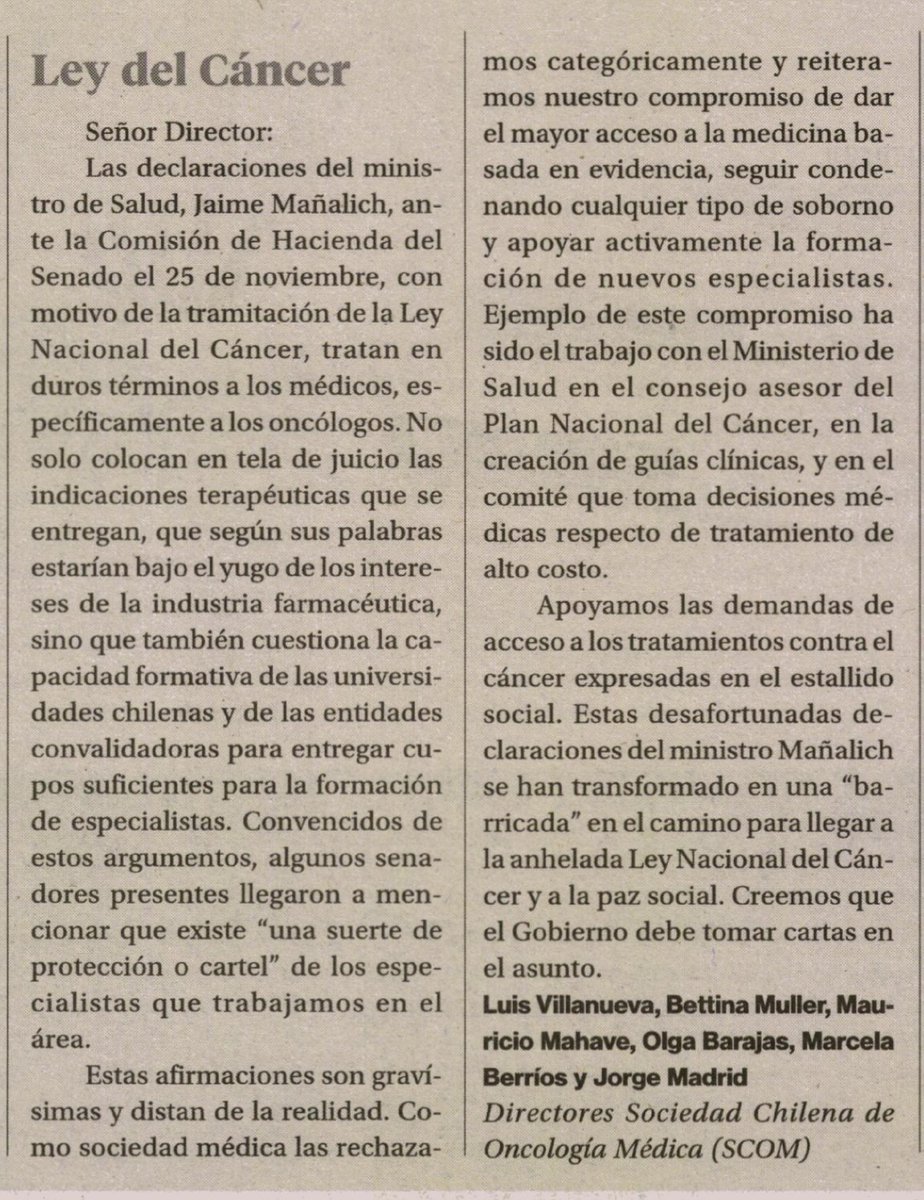 SChOncologia's tweet photo. También se publicó en la edición de ayer de  #LaSegunda, la carta al director elaborada por la Directiva de la Sociedad Chilena de #Oncología Médica (#SCOM), a raíz de las declaraciones emitidas por el ministro de Salud, Jaime Mañalich, ante la Comisión de Hacienda del Senado https://t.co/hb6TCN1Pia