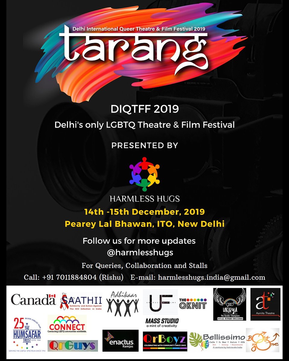 harmlesshugs's tweet photo. ❤️🧡💛💚💙💜
Harmless Hugs team invites you to the 5th Edition of Tarang - DIQTFF. Come and show support to Delhi's only LGBTQ Theatre and Film Festival. 
You can also donate for Tarang at https://t.co/bl5IaiSLCM 🏳️‍🌈
#ComeOutToTarang #Untag #FreeToBeMe #HarmlessHugs https://t.co/7IgaZKq2rb