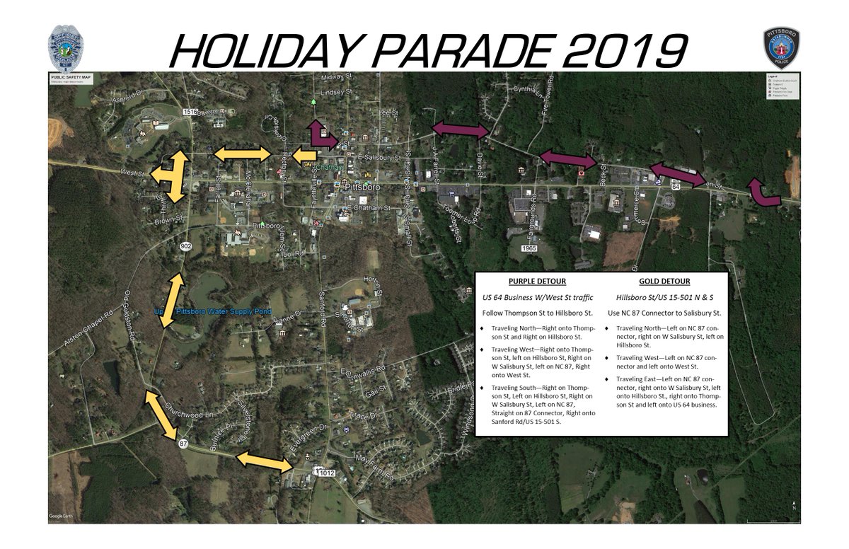 The Pittsboro Holiday parade is today! We'll be shutting down the streets in about 30 minutes; detour map attached. If you are traveling from Sanford to Chapel Hill of vice versa, please use NC 87 --> US 64 Bypass --> US 15-501 to avoid traffic downtown. #Pittsboro #ChathamNC