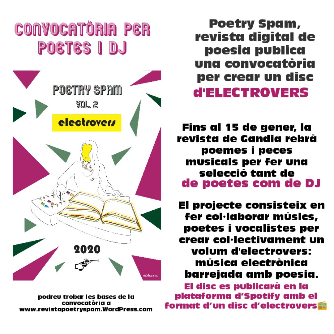 PoetrySpamRev_'s tweet photo. Si fas #poesia o #músicaelectrònica envia'ns material per a crear un disc col·lectiu d'#electrovers. Consulta les bases de la convocatòria a https://t.co/PAW4FQEkqf https://t.co/ft2deTij0L