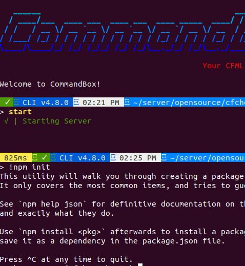 michaelborn_me's tweet image. I'm running #npm (the package manager and CLI for JS) inside #CommandBox (the package manager and CLI for CF.)
It's nothing fancy, but I just wanted to say CommandBox looks cooler. 😎