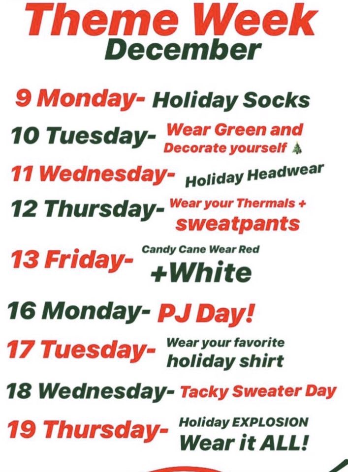 HOLIDAY THEMED SPIRIT DAYS ARE HERE! Let's finish these next two weeks STRONG Tigers! Thank you <a href="/TravisHS_Stuco/">Travis HS STUCO</a> for these awesome spirit days🥰 #ALLIN #TIGERSTRONG <a href="/THS_Tigers/">Travis High School</a> ❄️❤️🎄☃️