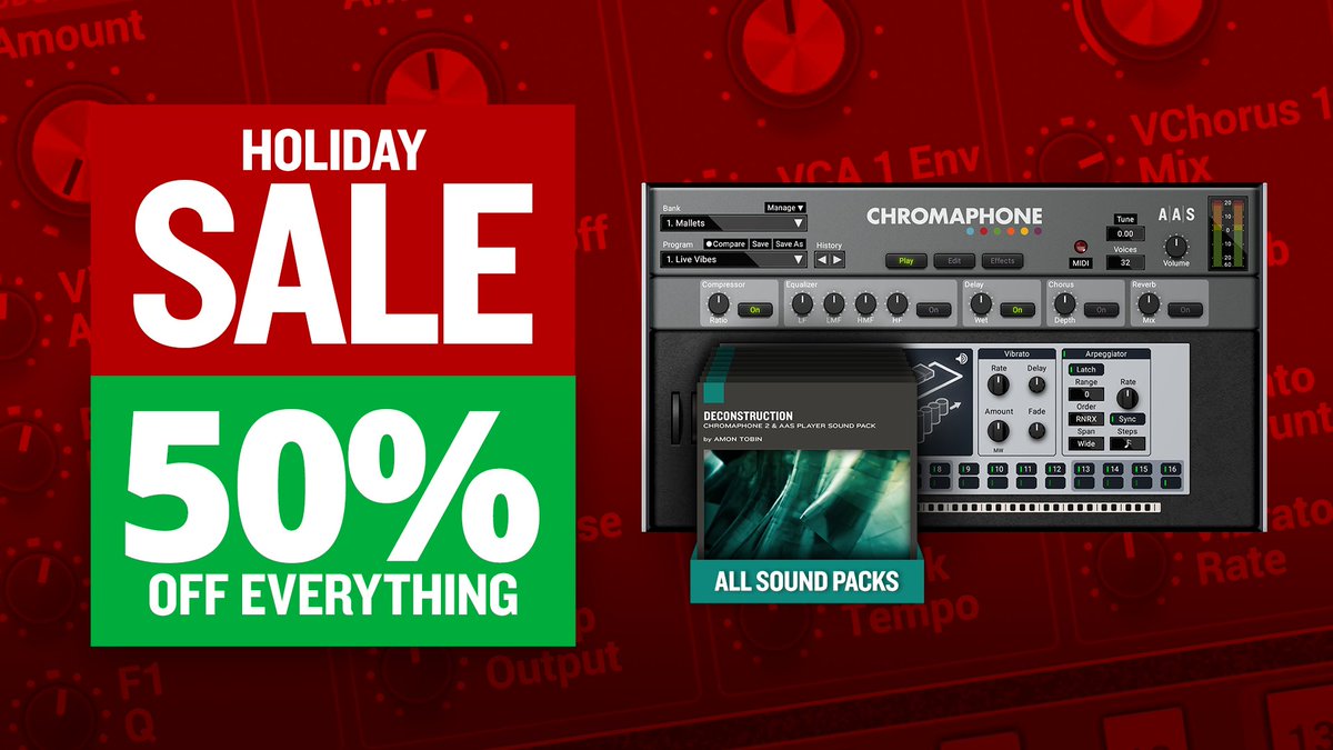 AAS_News's tweet photo. AAS HOLIDAY SALE: 50% OFF on Chromaphone 2 +PACKS! See our offers https://t.co/WlW2OowUQ8 You can also get 50% on all upgrades and bundle completions when you log into your account on our store https://t.co/jf4vpnUjdf #holidaysale #chromaphone2 #aas #beatmaker #homestudio https://t.co/zzuxqokSOb
