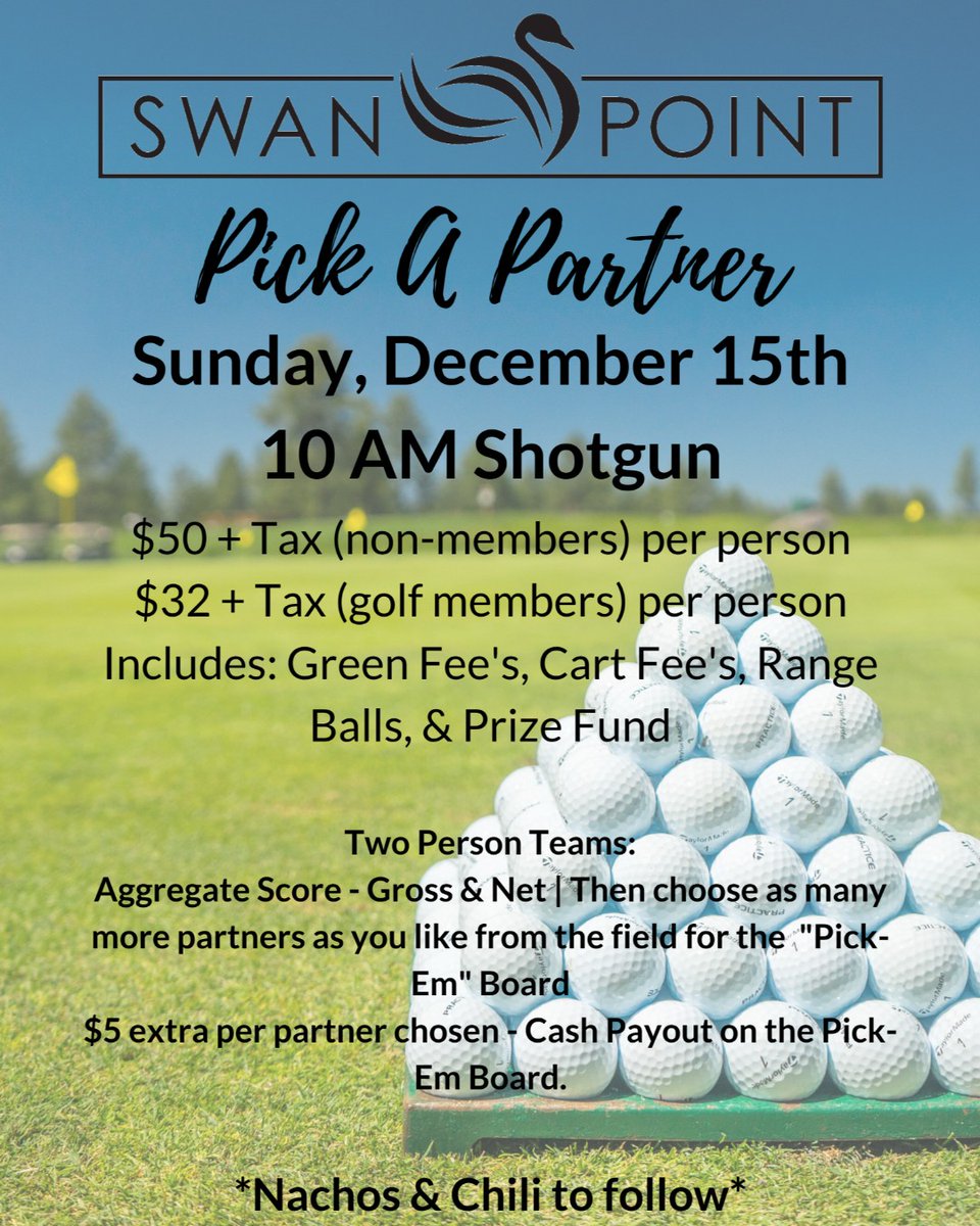 swanpointycc's tweet photo. Sign up now for our Pick A Partner Tournament on Sunday, December 15th. 10 AM Shotgun. 

#golflife #golfisgreat #eatsleepgolf #golfislife #instagolf #waterfrontgolf #welovegolf #golfcourse #enjoytheoutdoors #golfswag #addictedtogolf #swanpoint #southernmaryland https://t.co/NREeICnZlQ