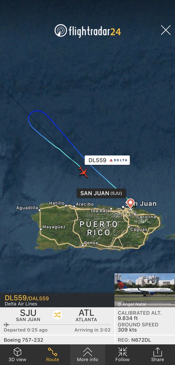 FlightIntl's tweet photo. Delta flight #DL559 from San Juan (SJU) to Atlanta (ATL) is squawking 7700 (general emergency) and returning to San Juan - reason currently unknown https://t.co/zaV4wwAqYQ https://t.co/nHhxKtlmfb
