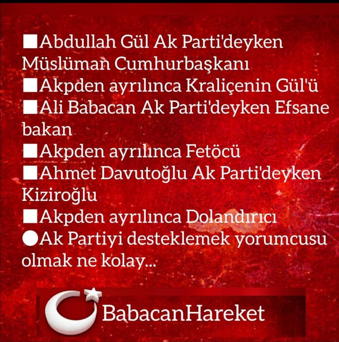 Ak partiden ayrıldığınız anda davayı satan adam olursunuz. Ak trollerin birinci görevi budur. Mevcut vekillerin birçoğu tam da bu sebeple halen orada. 
#alibabacan
<a href="/alibabacan/">Ali Babacan</a>