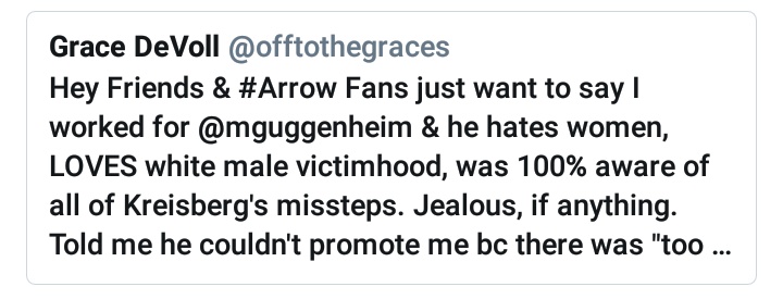 i couldn't find grace's original thread (i think she deactivated or deleted it :((( ) but she is a former employee of marc and claims that he was 100% aware of andrew kreisberg's harassment of cast and crew