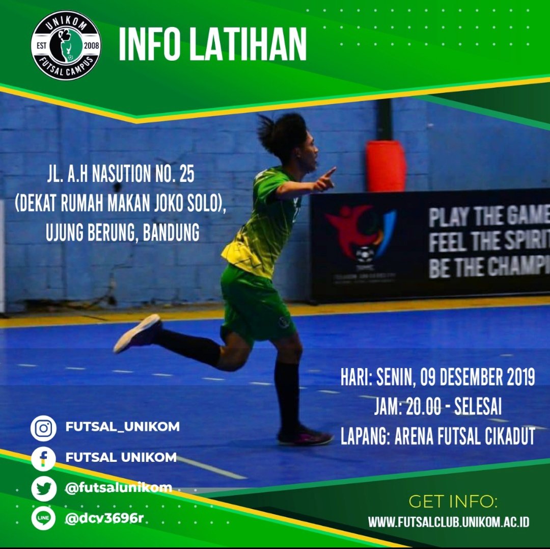 [info Latihan]
Hari: senin, 09 desember 2019
Jam: 20.00 - selesai
Lapang: Arena Futsal Cikadut

Jl. A.H Nasution No. 25 ,Ujung Berung, Bandung