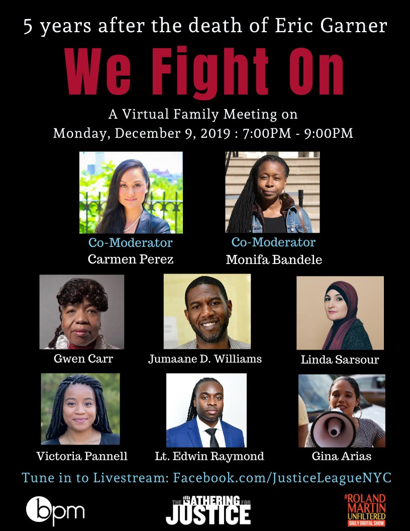 For 5 yrs, Eric Garner’s family has been told2wait for justice. But our family coalition is not done fighting. Tune in Monday at 7pm for #WeFightOn w @RealGwenCarr <a href="/JumaaneWilliams/">Jumaane Williams (@jumaane.bsky.social)</a> <a href="/lsarsour/">Linda Sarsour</a> <a href="/EdwinRaymondNYC/">Edwin Raymond</a> <a href="/msladyjustice1/">Carmen Perez</a> @monifabandele +more Live: facebook.com/JusticeLeagueN…