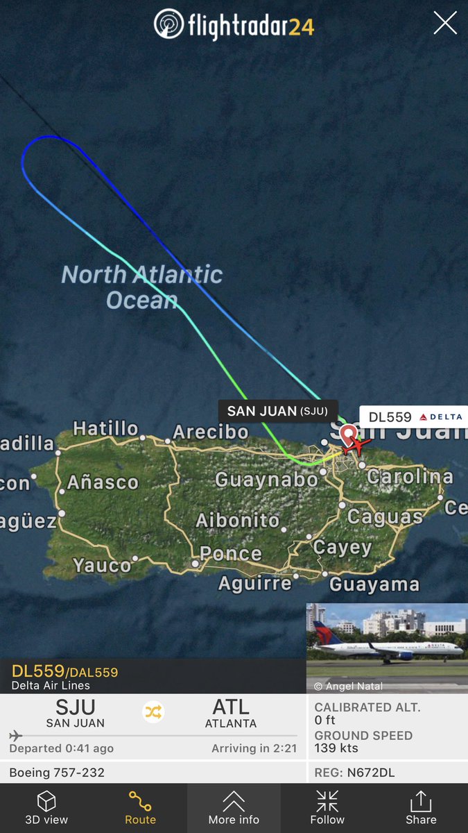 TomPodolec's tweet photo. Update β©οΈ DIVERSION RETURN
Delta #DL559 to Atlanta returned to San Juan and safely landed and stopped on runway 08. Requesting airport fire services to inspect aircraft. 207 people on board.
https://t.co/jlrHq29e3T https://t.co/DeJY9zNQMB