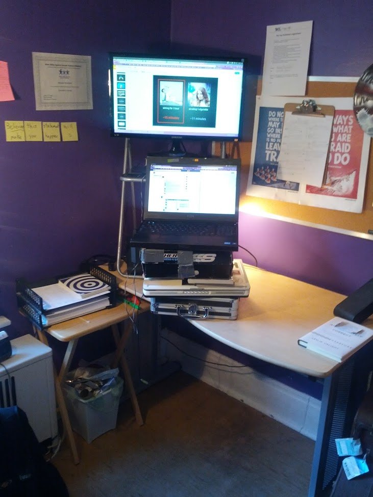 Makeshift standing desk thread!I've been a standing desk worker for nearly 6 years. Took a month or two of no seated desk option to switch from "uncomfortable after 30min standing" to "can stand all day; uncomfortable after 30min sitting"Evolution of my main standing desk: