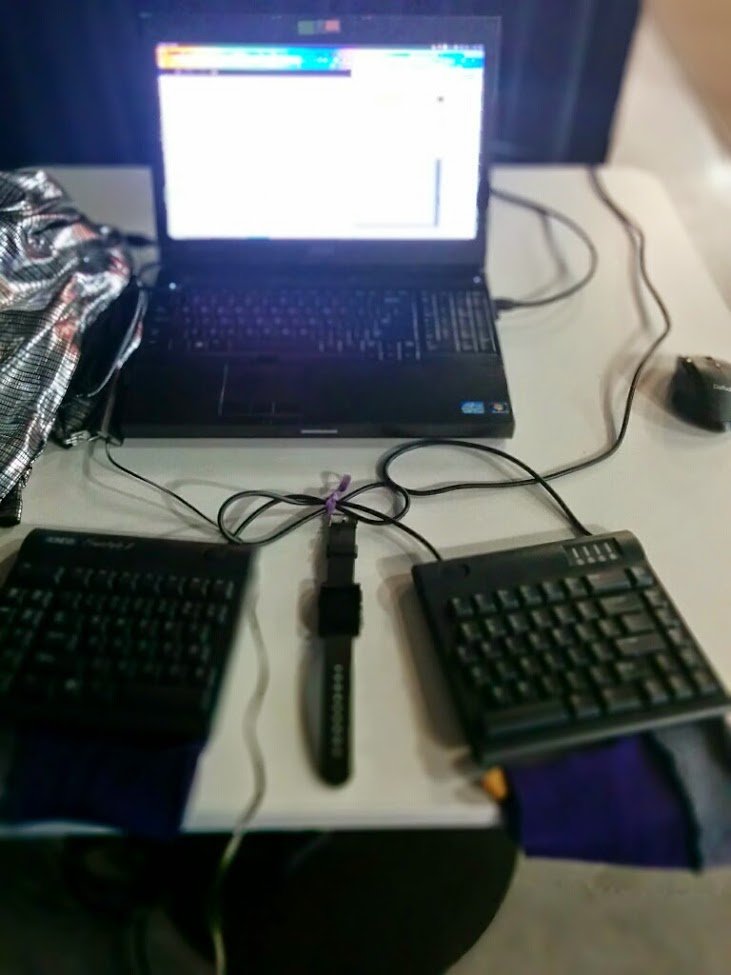 Simplest makeshift standing desk = a desk made for tall chairs/stools. Remove chair & you're good to go.Left is Montreal airport, right is  @Communitech Hub.Many airports & university buildings have tall desks like this.