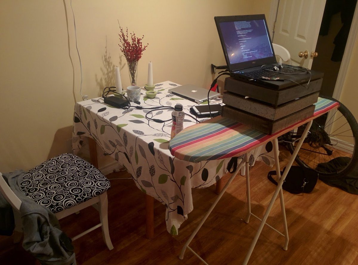 Here's one of my more creative makeshift standing desks, from one time I was visiting my mum.