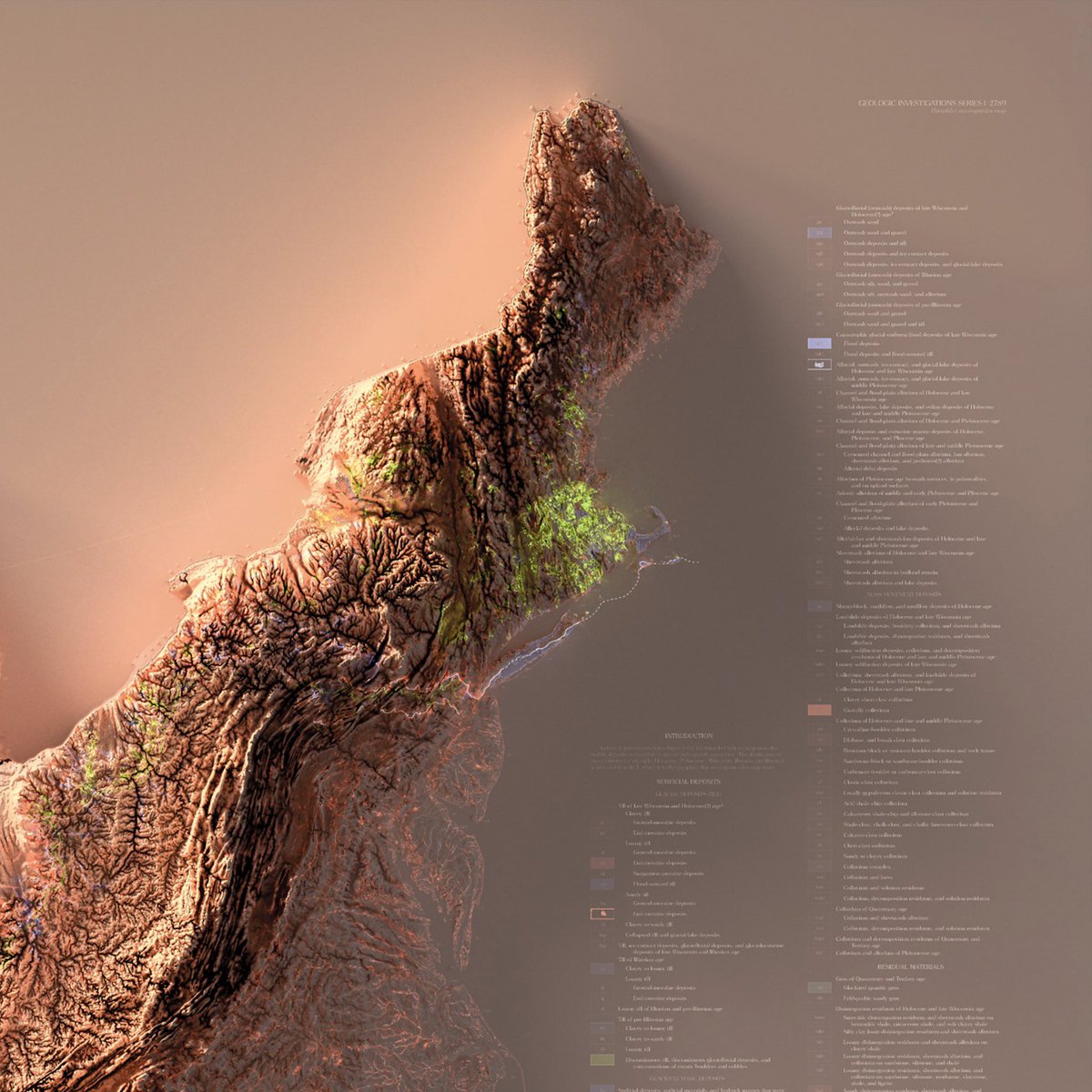 longitude110's tweet photo. Surficial deposits and materials eastern and central US -  artistic impression - love playing around with DEM data...:-) #3dmap #blender3d #topography #maps #mapping #mapart #geology #cartography #gis #maps #usgs #b3d https://t.co/pVPksBRZEX