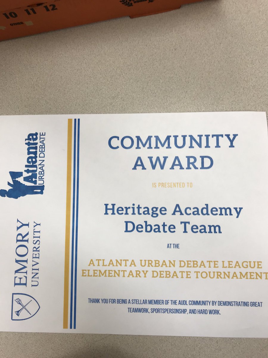 heritagegifted's tweet photo. Heritage won the Community Award for teamwork, sportsmanship, and working hard from the Atlanta Urban Debate. Great job Debating Eagles! ⁦@HeritageEagleAP⁩ ⁦@APSHeritage⁩ ⁦@TharveyHeritage⁩ https://t.co/qpbY9cC7d9