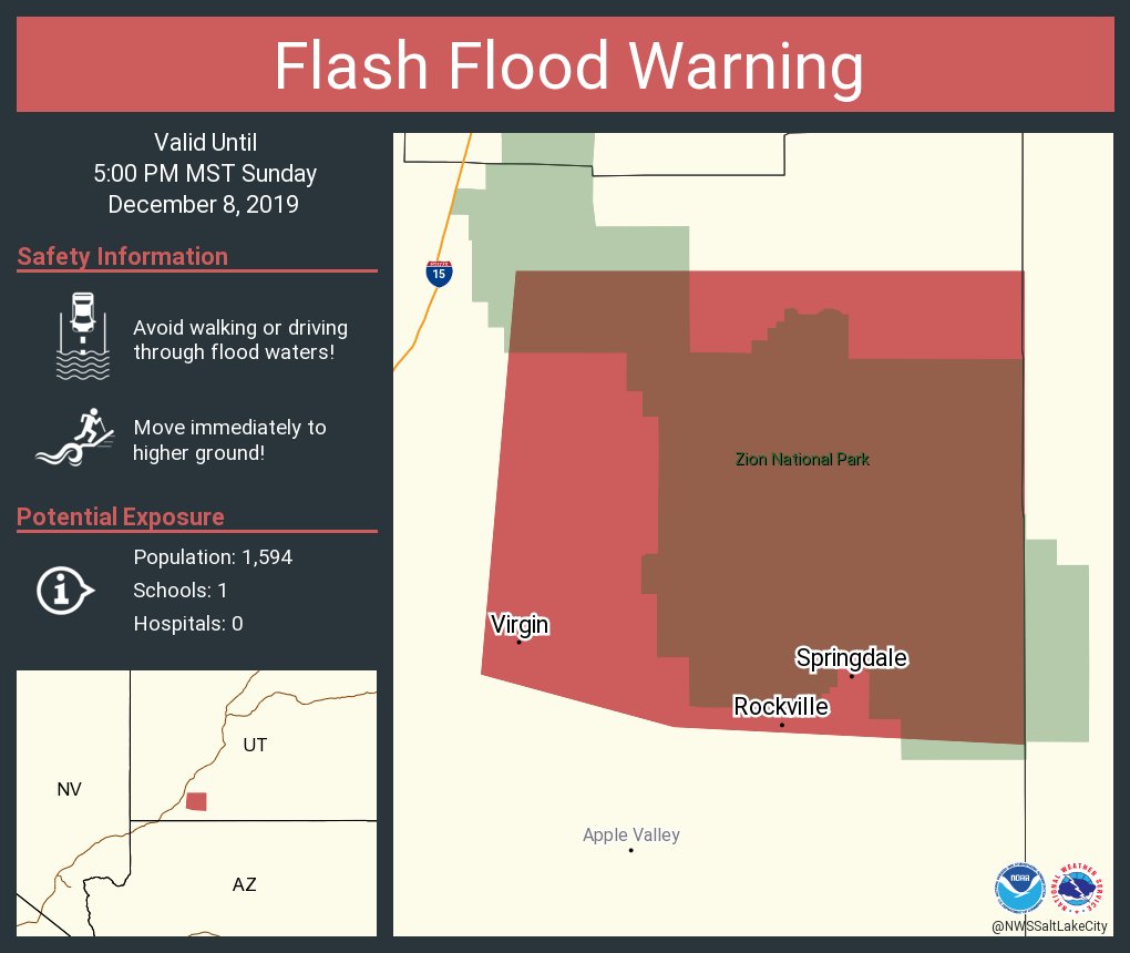 NWSSaltLakeCity's tweet photo. Flash Flood Warning including Virgin UT, Springdale UT, Rockville UT until 5:00 PM MST https://t.co/1r4twa1geK