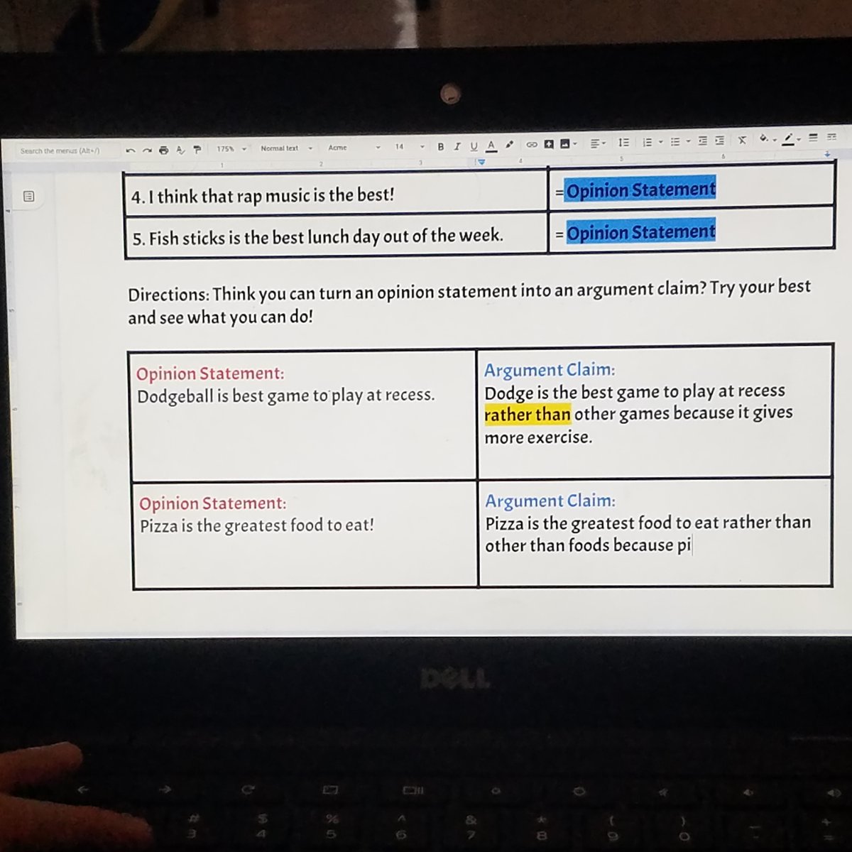 MrsEnos1's tweet image. Working on identifying opinion statements versus argument claims using @googledocs during writing class. 💻💻 #techteacher #writinglessons