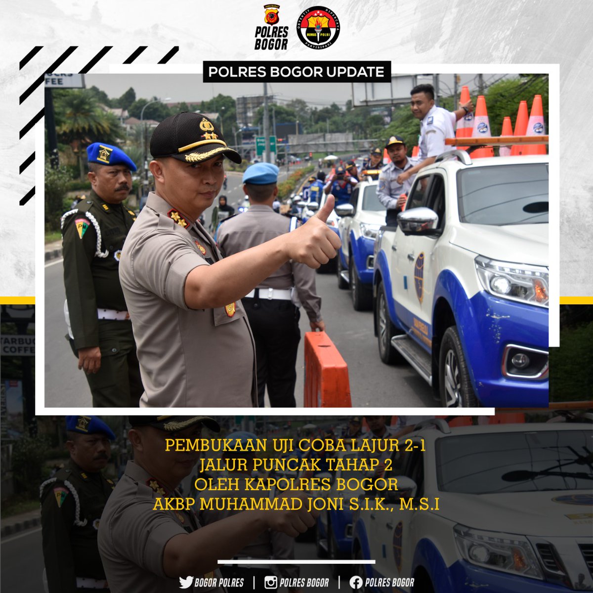 Ryan63944934's tweet photo. Kapolres Bogor bersama jajaran Saat Lantas beserta Dinas Perhubungan Kabupaten Bogor dan Provinsi Jawa Barat laksanakan kegiatan uji coba sistem kanalisasi 2-1 jalur puncak.
#polresbogor #poldajabar #polresbogorkabupaten #kapoldajabar #kapolresbogor #polisi #polri #police https://t.co/tcTtoN7b7I