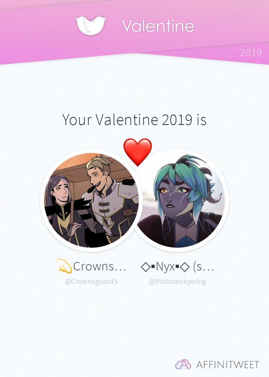 #Affinitweet Valentine
This year you're mine thatoneskywing! ❤️
And you, whom will be yours?
via affinitweet.com/valentine