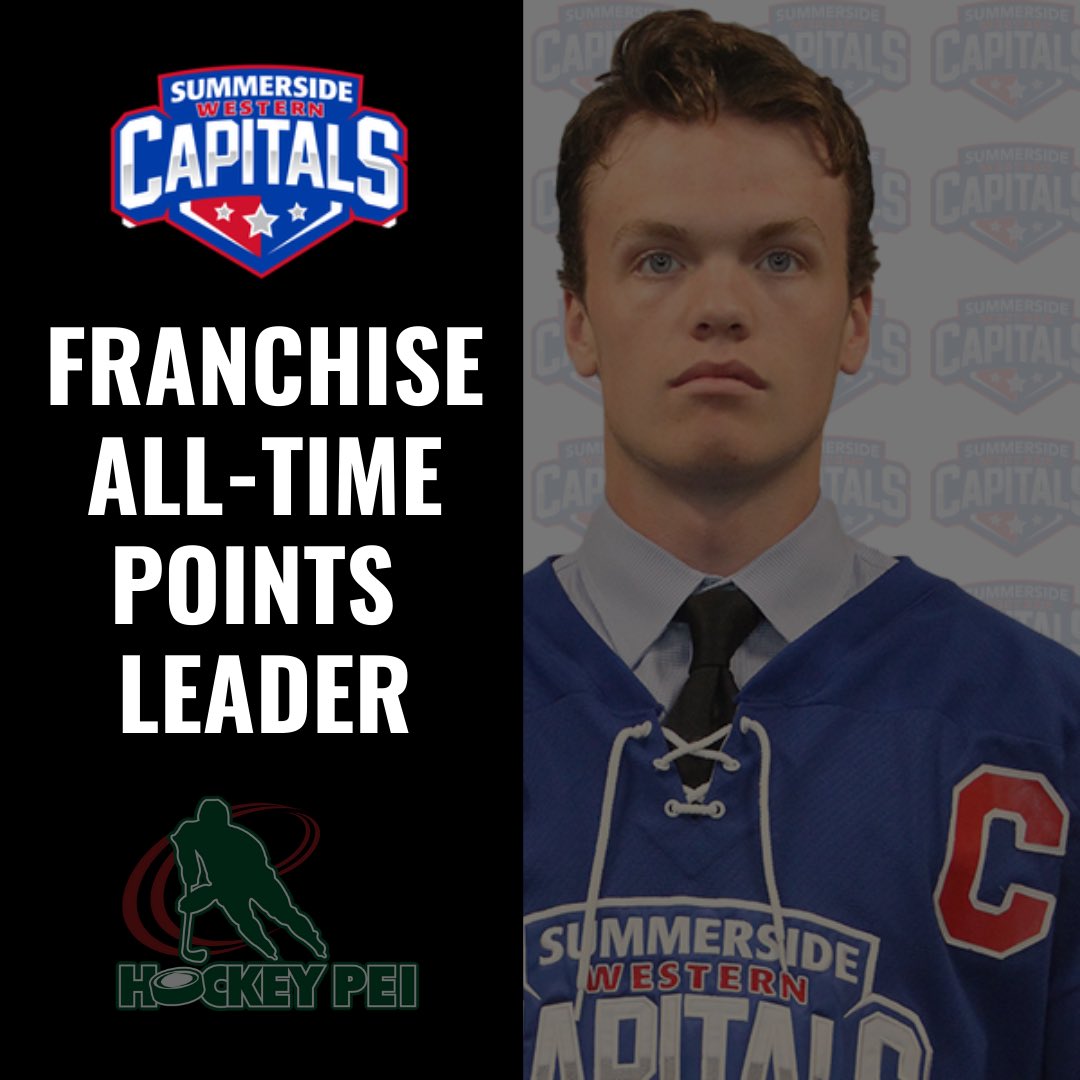 HockeyPEI's tweet photo. Congratulations to Summerside, PEI native @Bmacarthur13 on becoming the @SsideCapitals franchise all-time points leader! MacArthur now has 305pts, surpassing previous record holder and Islander Jordan Knox.

#HockeyPEI | #MHL https://t.co/Upr8KYIuQ0