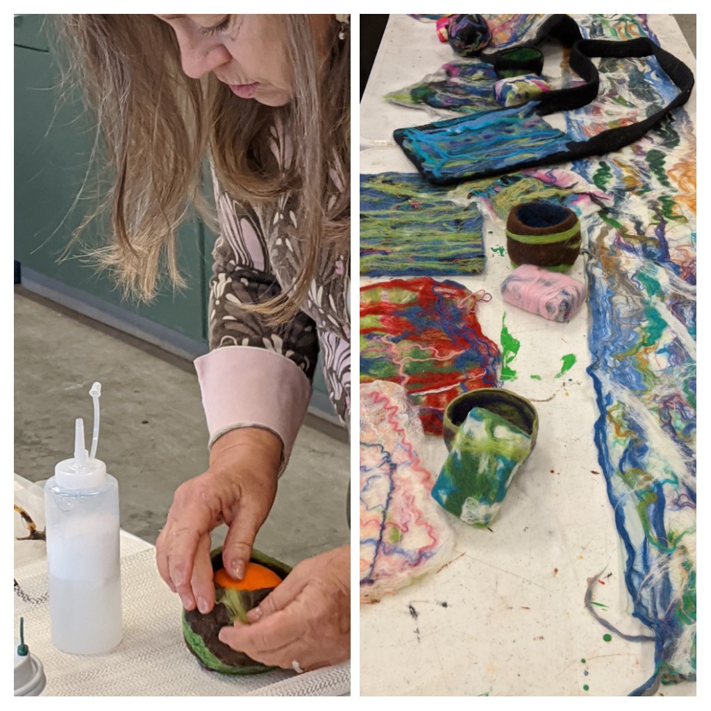 worstedskeins's tweet photo. Amazingly productive felting class with Catherine Cross Tsintzos @CamArtMuseum . Take wool roving, add soapy water and agitation by hand, fun results. #MakeWeek https://t.co/QPLokLC5DV
