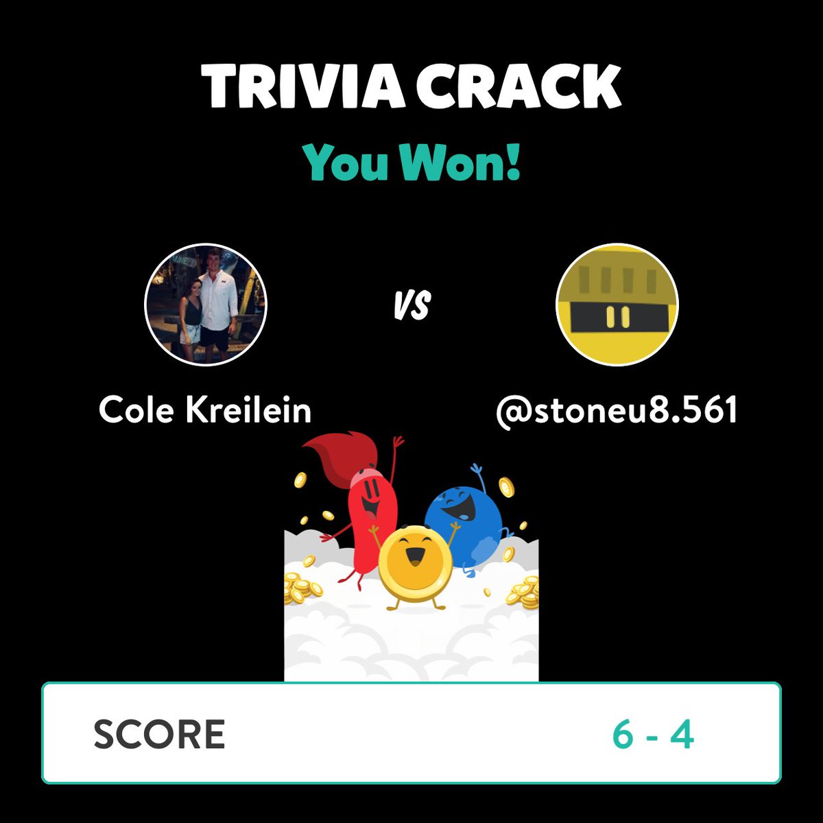 ColeK74's tweet photo. Cole Kreilein just won a game against @stoneu8.561 in Trivia Crack!
https://t.co/jDNZxFApH7 https://t.co/Umoi6NbnGR