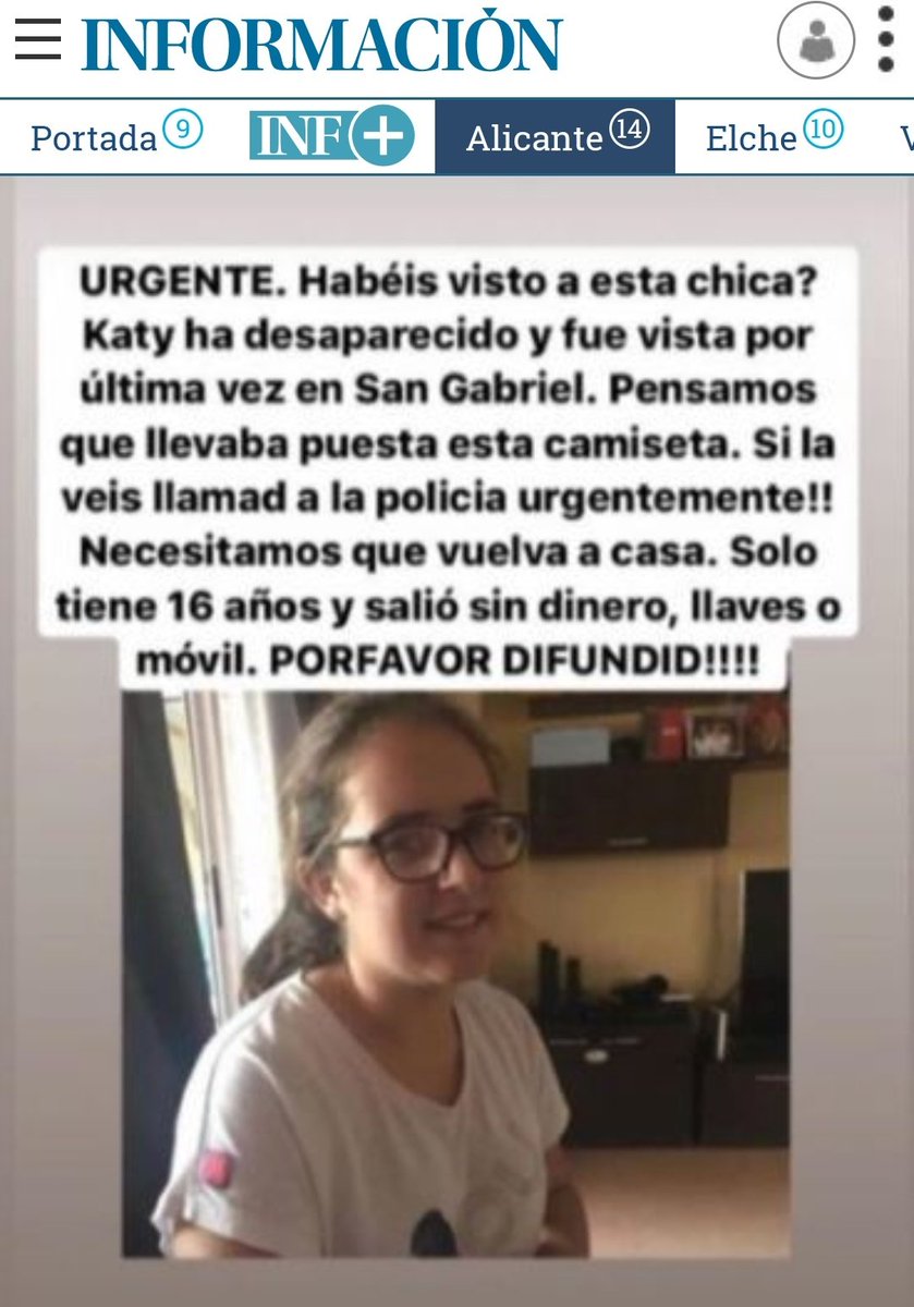 URGENTE: Desaparecida en el barrio de San Gabriel (Alicante). Por favor, contactad con la policía si sabéis algo de ella. Salió sin móvil, dinero ni llaves y su familia está devastada.