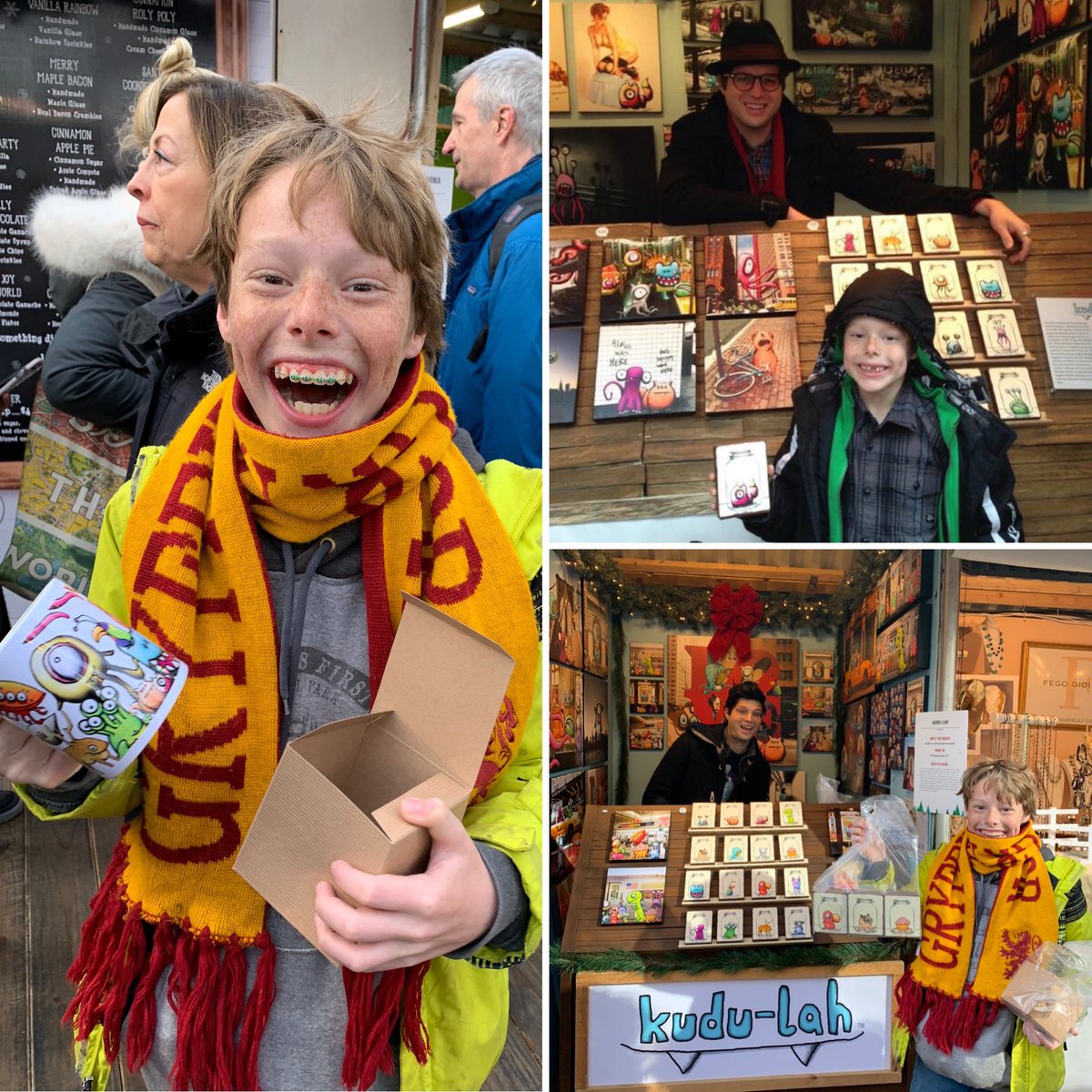 One of the reasons we love New York at Christmas time is the holiday markets. The first time we visited them in 2013, Cole fell in love with <a href="/kudulah/">kudu-lah critters</a>  and was excited to meet the artist. He was so excited to stumble upon the booth at a market today and see the artist again. #joy