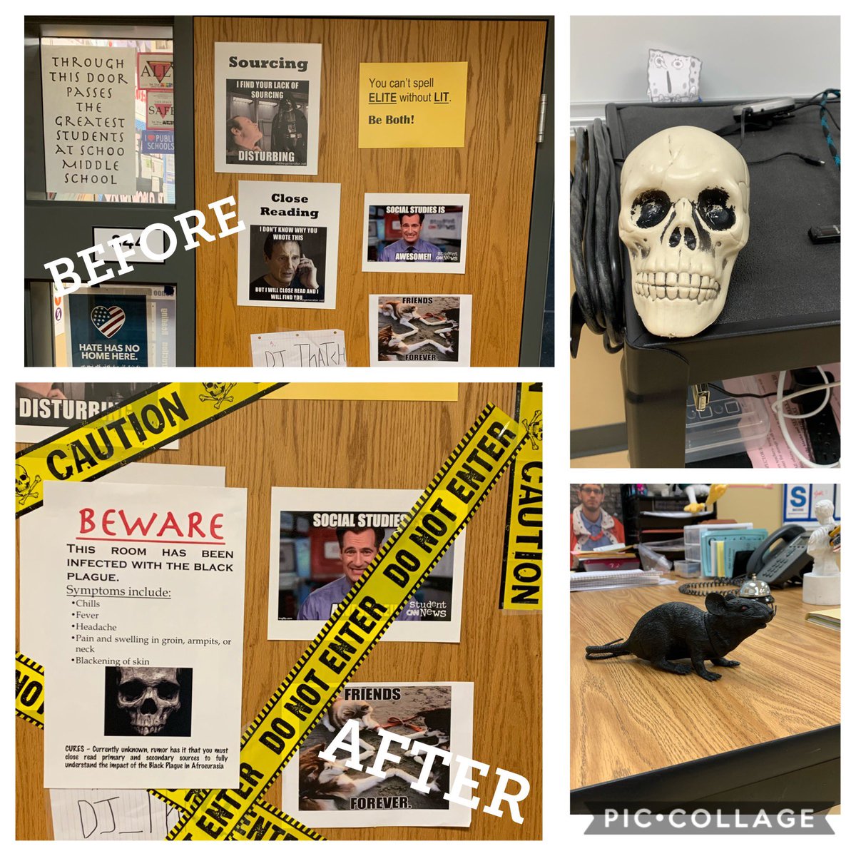 Thatcher_Tweets's tweet photo. Went to my classroom today to help get ready for our unit on the Black Death (my favorite). Had to get the #roomtransformation ready!! #TLAP #SsLAP #SsChat @burgessdave @MeehanEDU more rats will appear throughout the week! #LetsSchoo https://t.co/Bqr9faislS