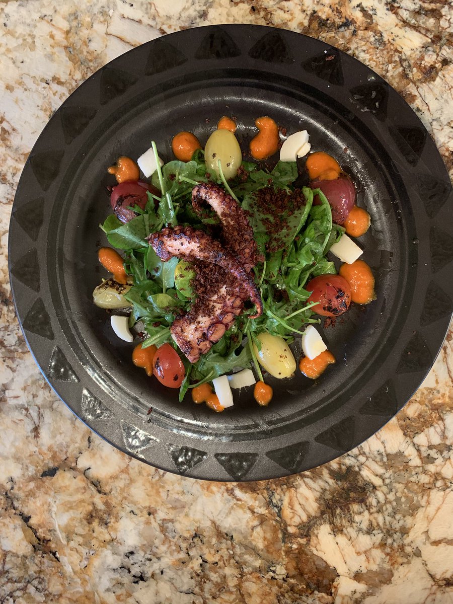JaredCooksFood's tweet photo. #fresh #octopus over #arrugula and #watercress with #heartsofpalm #torched #tomatoes #paprika #breadcrumbs #lemonvinegarette and #romescosauce #jaredcooksfood https://t.co/IrnzVKIUK3