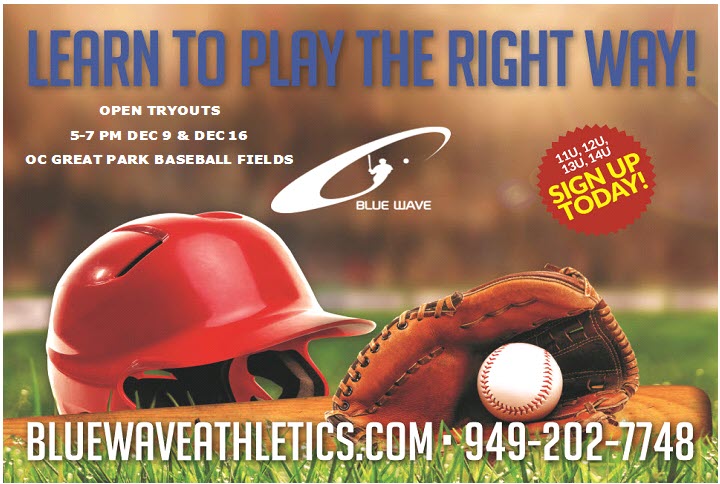 Tryouts 5 PM MON DEC 9 &amp; DEC 16 @ Orange County Great Park Baseball, Irvine for 11U, 12U, 13U, and 14U club baseball teams. Professional coaches, trainers, and management. Player year round with one of Irvine's oldest non-profit club baseball organizations.