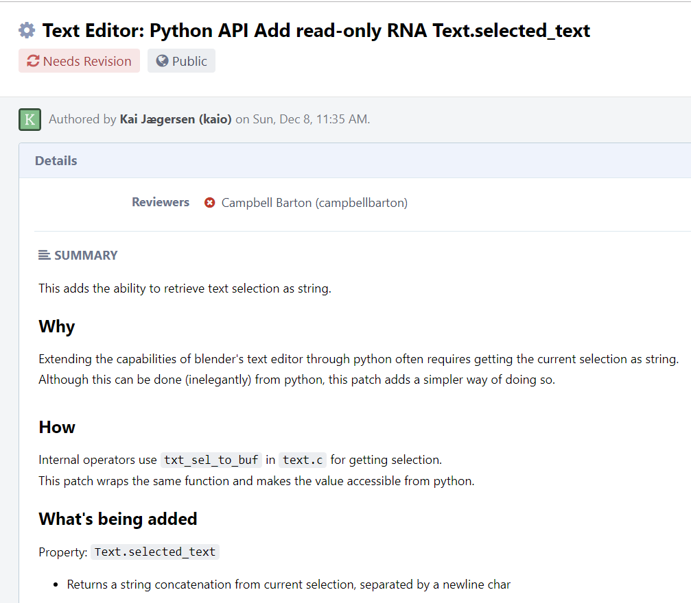 tintwotin's tweet photo. The basic 'get selected text' function in the Blender Text Editor is missing from the API and blocking for development of built-in operators for the Text Editor in Python. Kaio has submitted at patch to deal with this, so show some love here: https://t.co/1pfZKwO7ls #b3d #btext https://t.co/6H0pXytFKI
