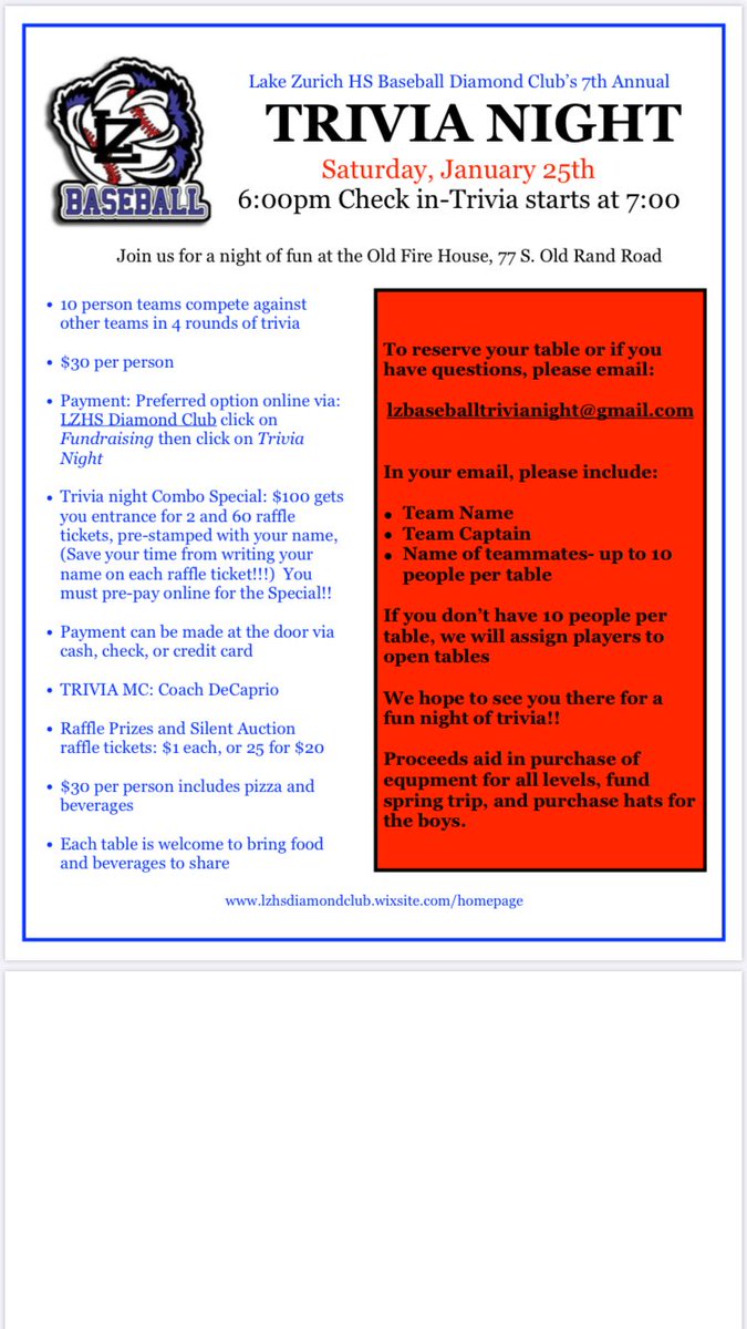 LZHS_Baseball's tweet photo. Save the date and reserve your table online! Teams can register the night of too. #TriviaNight2020 https://t.co/6DwozRbG6E
