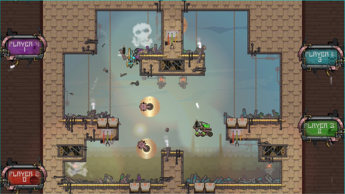 ClayCoded's tweet photo. Sawmill - Spring platforms. Deadly Bandsaws. Moving wood stacks. FLYING buzzsaw that you can shoot!
Nation Breakers: Steam Arena on STEAM now.
#mulitplayergame #GameDeveloper #steampunk #gamemaker #robots #action #gamemakerstudio2 #brawler https://t.co/V28I6x0cnc
