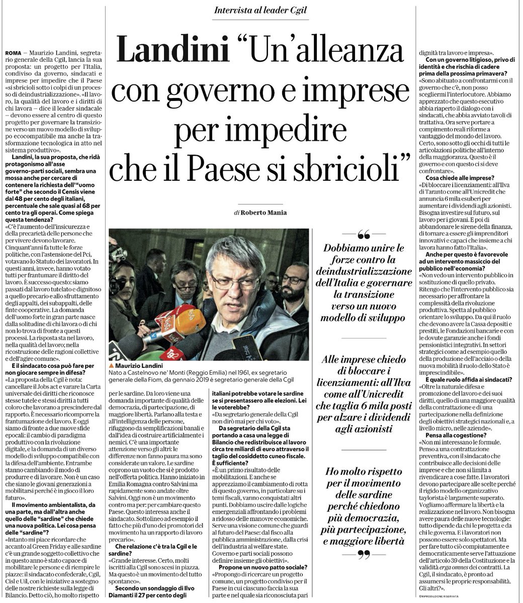 Landini “alleanza con governo e imprese” aboliamo Jobs Act, imprese bloccano licenziamenti, governo caccia i soldi per nazionalizzare (quindi paga Pantalone), ma i sindacati come contribuiscono? 🧐 un vero patto del cazzo 😂