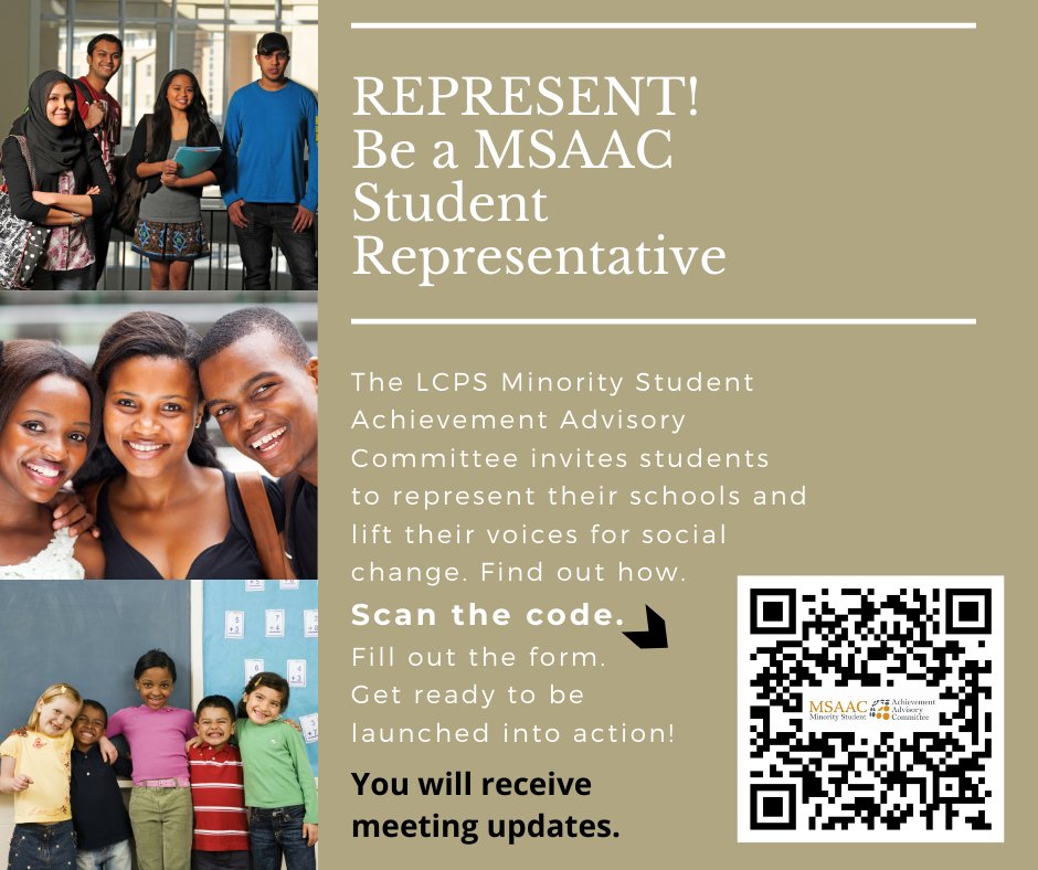 LCPSMSAAC's tweet photo. LCPS Students:  MSAAC is seeking student representatives to help affect change.  #YourVoiceMatters
 Scan the code to learn more: https://t.co/DNFwI2cwsj