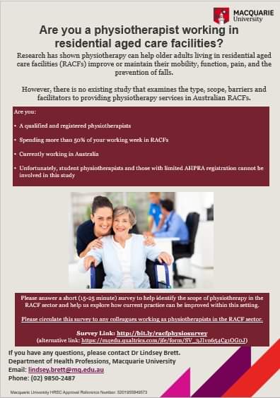 Lindsey Brett (@drlindseybrett) on Twitter photo Just one week until the survey for the scope of physiotherapy in Australian RACFs closes, any physios who are elligible and have not yet done so please complete the survey by 17/12/19, and share the link with to your RACF physio colleagues. Thank you! 
bit.ly/racfphysiosurv… Just one week until the survey for the scope of physiotherapy in Australian RACFs closes, any physios who are elligible and have not yet done so please complete the survey by 17/12/19, and share the link with to your RACF physio colleagues. Thank you! 
bit.ly/racfphysiosurv…