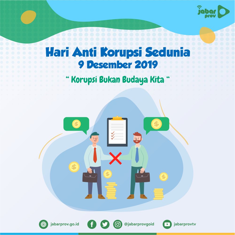 jabarprovgoid's tweet photo. Memperingati Hari Anti Korupsi Sedunia
Korupsi bukan budaya kita
Bersama melawan korupsi mewujudkan Indonesia maju.
#jabarprovgoid #jabarjuara #jabarjuaralahirbatin #hariantikorupsi https://t.co/abRz9nsBDD