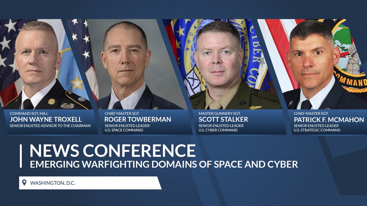 Watch live today at 3:15 p.m. EST as senior enlisted leaders from @US_SpaceCom, @US_CYBERCOM and @US_Stratcom discuss the emerging warfighting domains of space and cyber, moderated by @SEAC_Troxell.  #KnowYourMil