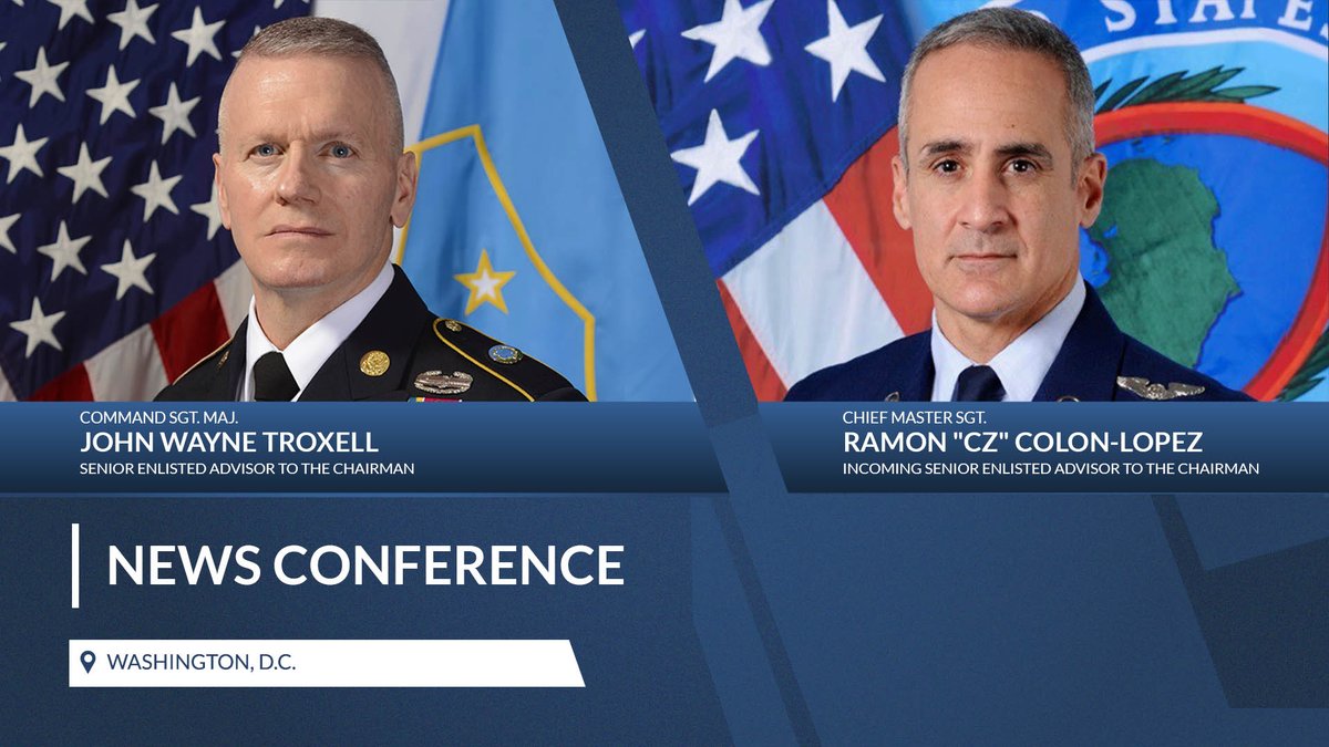 Watch live today at 4:15 p.m. EST as @SEAC_Troxell briefs the press alongside incoming Senior Enlisted Advisor to the Chairman of the Joint Chiefs of Staff @USAirForce Chief Master Sgt. Ramon “CZ” Colon-Lopez. 

#KnowYourMil #SEAC3 #SEAC4