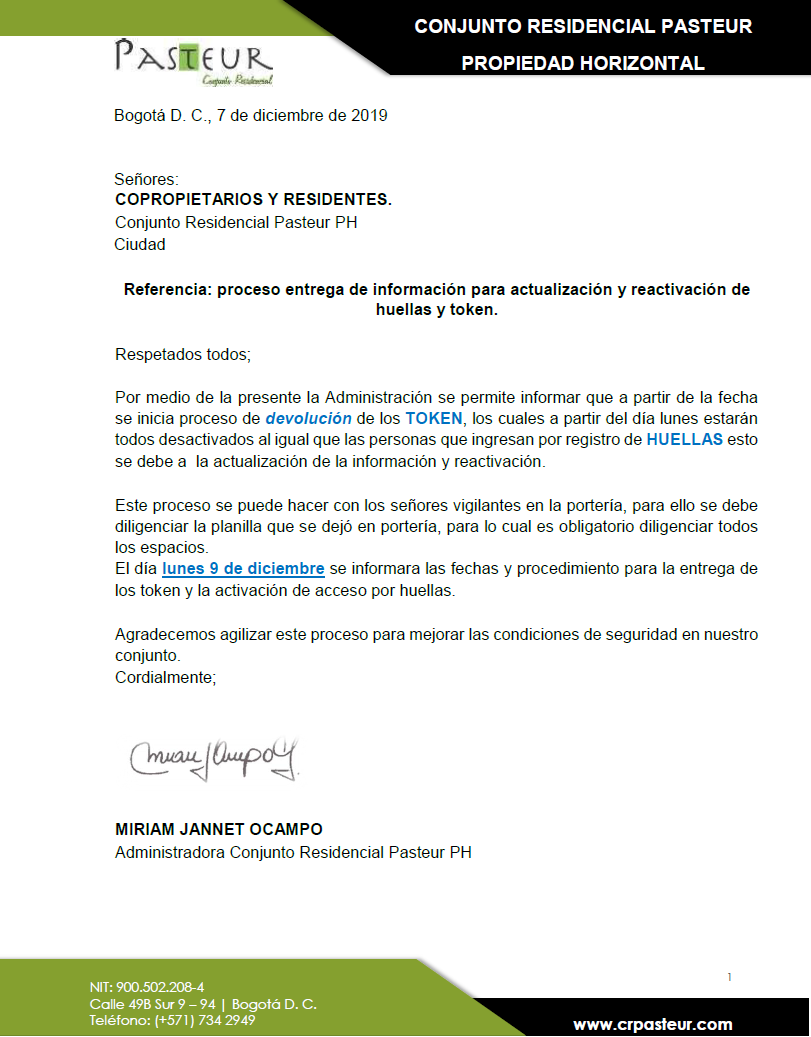 ConjuntoPasteur's tweet photo. Buen día estimados residentes y copropietarios. Se iniciará proceso de actualización de huellas para acceso a las instalaciones del conjunto. Por favor estar pendiente de los comunicados de la administración. #yosoypasteur https://t.co/LsAjQEjsdx