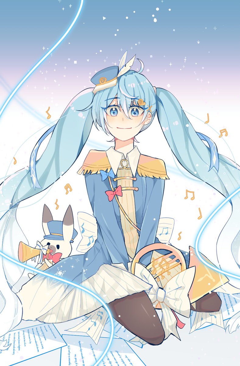 初音ミク ,ラビット・ユキネ ,雪ミク 「shoeさんの雪ミクさんとユキネ!バッと楽譜を広げて楽器の練習中?ちょこんと座っ」|piapro(ピアプロ)のイラスト