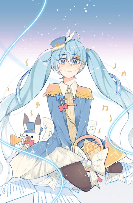 shoeさんの雪ミクさんとユキネ!バッと楽譜を広げて楽器の練習中?ちょこんと座っている雪ミクさんと、寄り添ってラッパを吹くユキネにキュ-(+'д`+)-ン☆とします!【https://t.co/JMmWj4xEqu】 #piapro #雪ミク #ラビット・ユキネ 