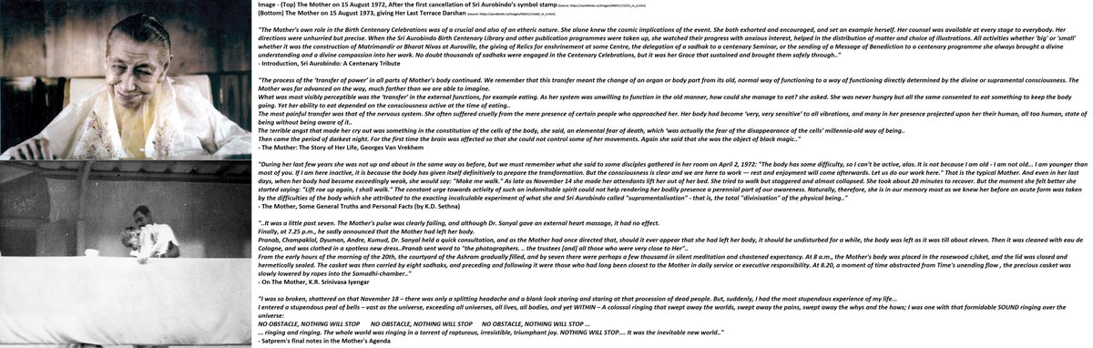 20)  #SriAurobindo's Birth Centenary Celebrations, MahaSamadhi:Though Mother's inner consc. was more & more active, Her health deteriorated b/c of hostile attacks & the surrounding unconsciousness. A shower began before Her Last Terrace Darshan..She left on 17 Nov. 1973:(End)